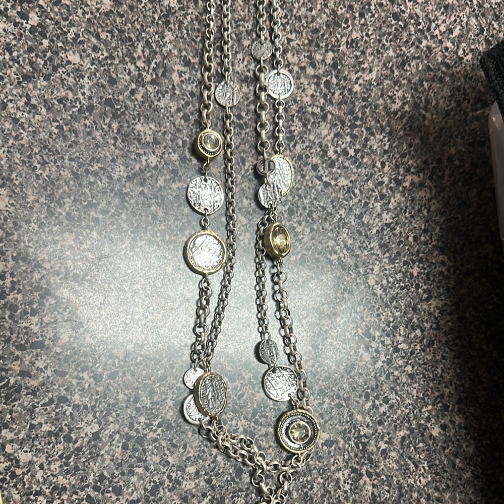 Chico's Silver and Gold Double Strand Necklace with Crystal Beads